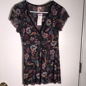 Cute floral low cut v neck sheer blouse
